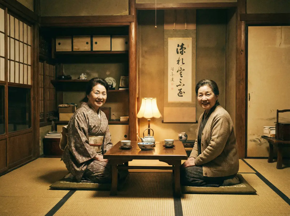 两位优雅的 高校体育平台 在日式茶室中品茶交谈